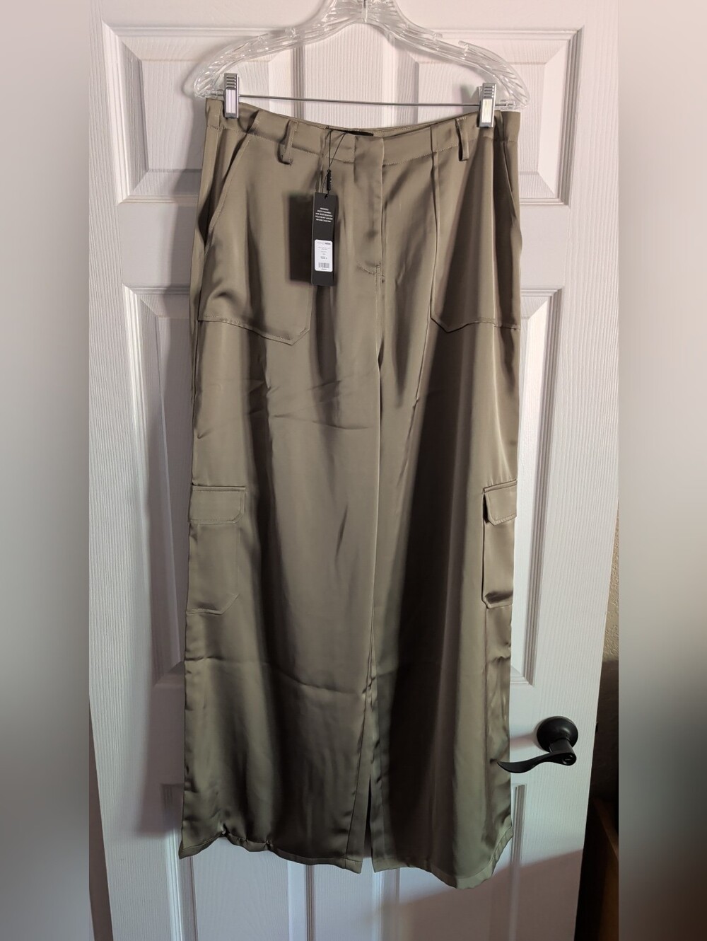 Fashion Nova Olive Green Satin Cargo Dress Pants
